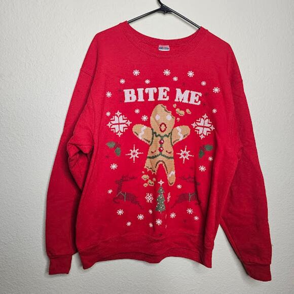 Jerzees Red Gingerbread BITE ME ugly Christmas sweater Size large - Picture 1 of 3